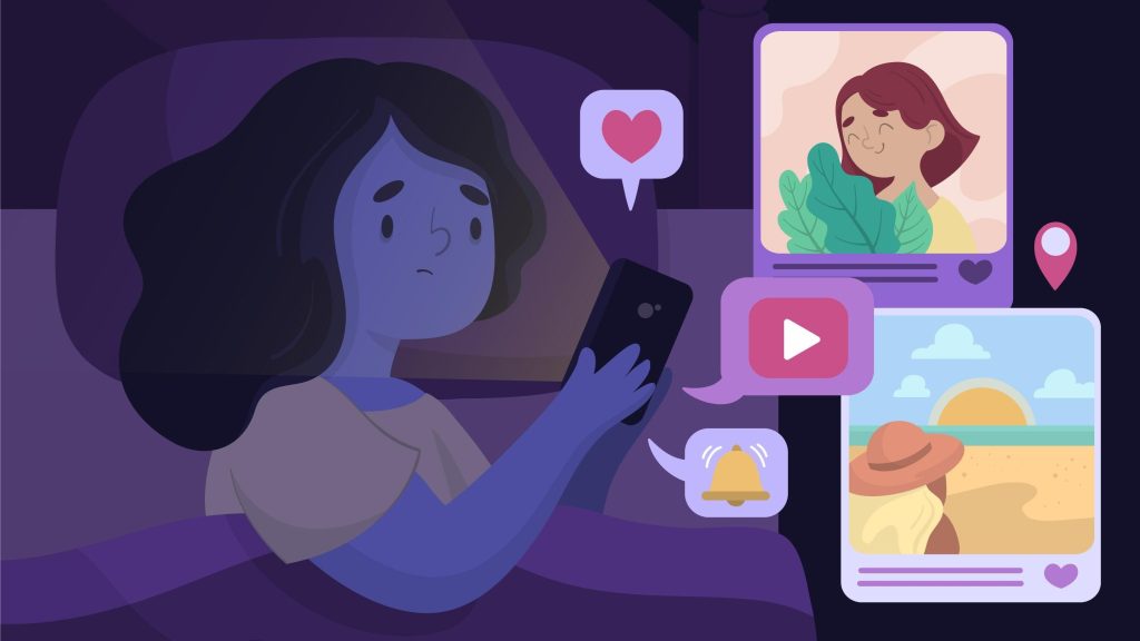 Meisje ervaart presale FOMO terwijl ze in bed op haar telefoon social media bekijkt.