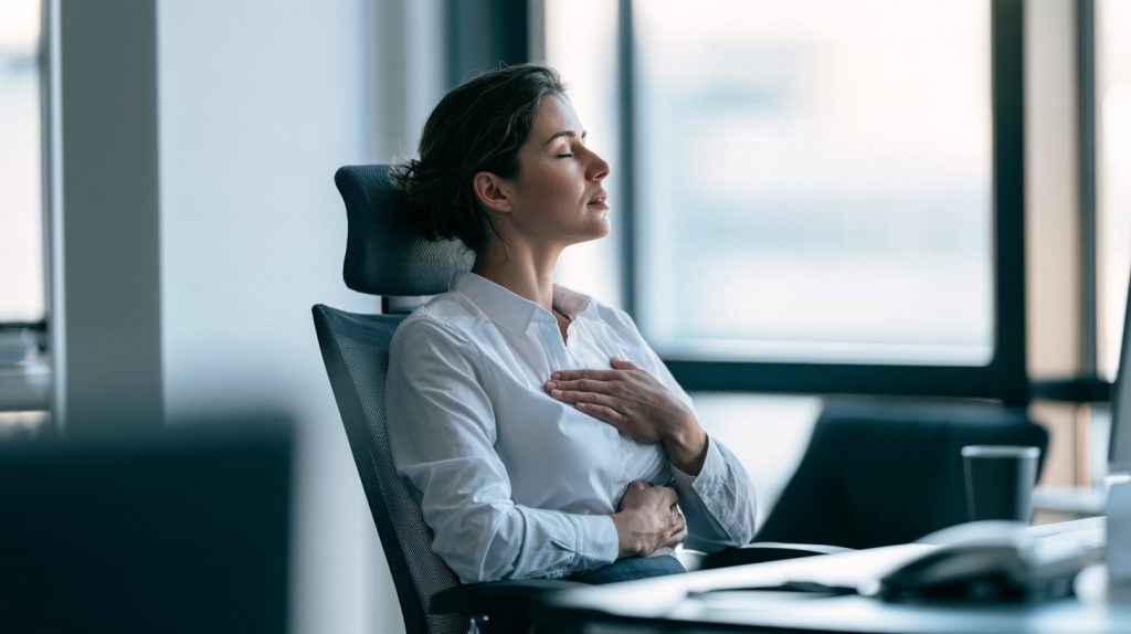 vrouw doet een ademhalingsoefening achter haar bureau op kantoor