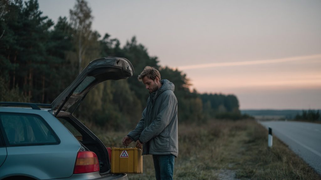 Man controleert een noodkoffer met gevarendriehoek in de kofferbak van zijn auto langs een landweg bij zonsondergang