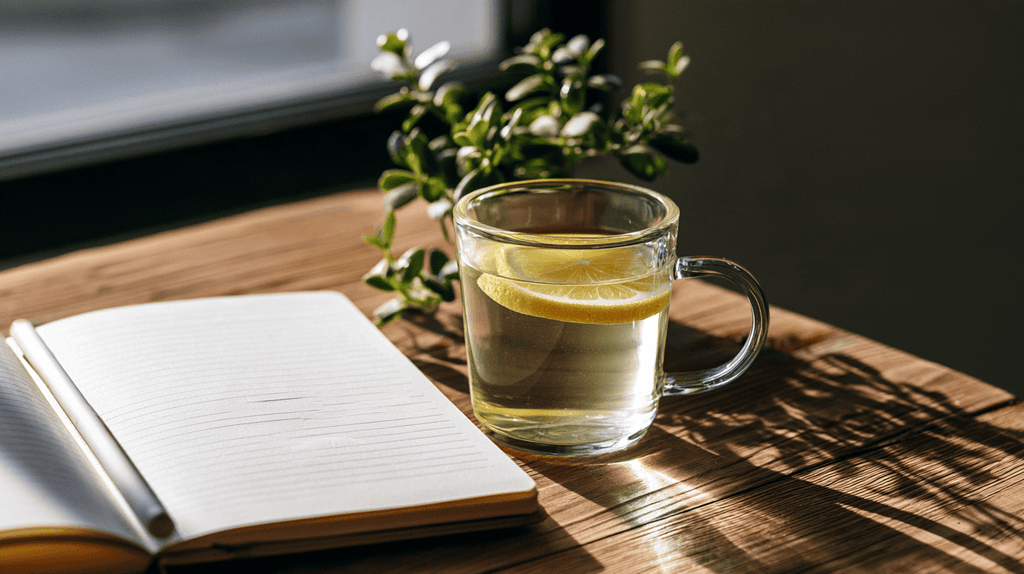 Rustige ochtendroutine met een kop warm water en een dagboek, passend bij ayurveda en mindset