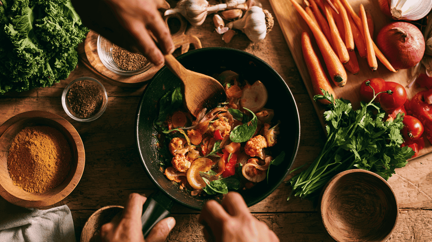 Handen bereiden een ayurvedisch gerecht met kurkuma en verse groenten op een houten keukentafel