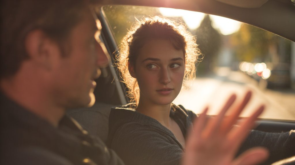 Jonge vrouw luistert tijdens een rijles naar de instructeur naast haar in warm avondlicht