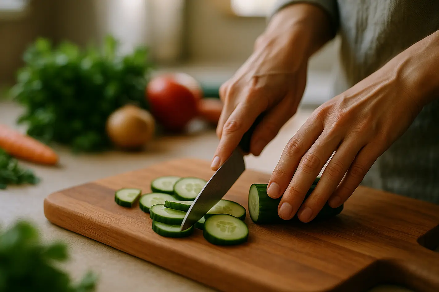 Handen snijden groenten op houten plank in bewust koken keuken