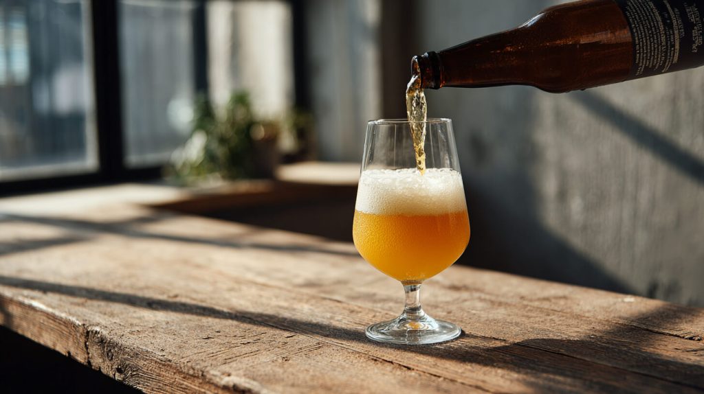 Bier wordt vanuit een flesje langzaam in een bierglas geschonken op een houten tafel bij een raam