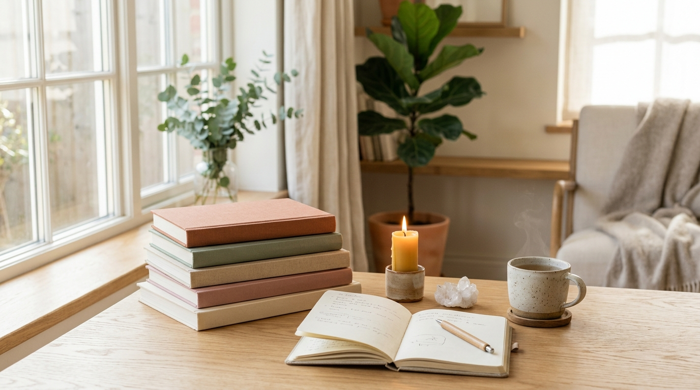 Stapel boeken over manifesteren naast een open notitieboek, kaars en kopje thee op een houten tafel