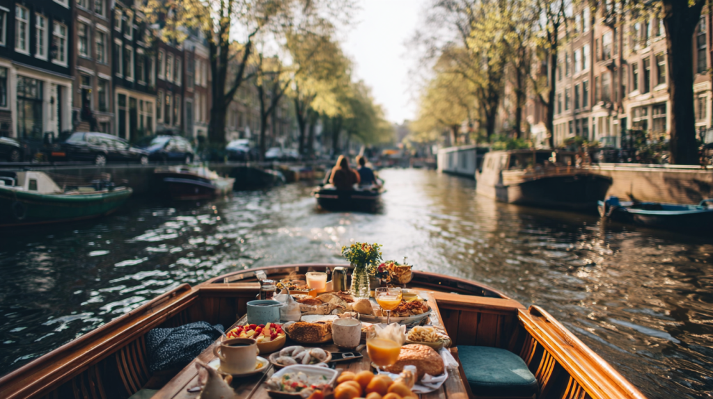 Uitgebreide brunch met vers fruit, brood en drankjes gedekt op een boottafel tijdens een vaartocht door de grachten