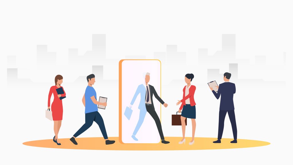 Man loopt door digitaal portaal en verandert van loopbaan; visuele metafoor voor carrièreswitch