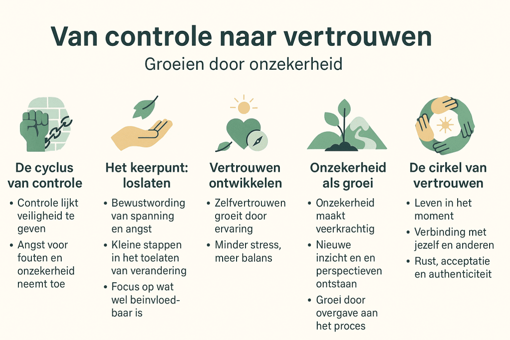 Infographic met vijf stappen van controle naar vertrouwen, als visuele weergave van groeien door onzekerheid.