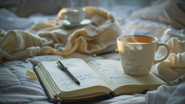 Open journal met handgeschreven notities, pen en warme kop thee op bed.