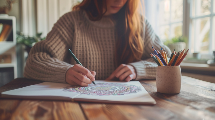 Vrouw kleurt een mandala aan een houten tafel met kleurpotloden naast zich.