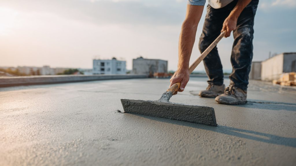 Vakman trekt een cementdekvloer strak op een dakterras tijdens de aanleg van de onderbouw