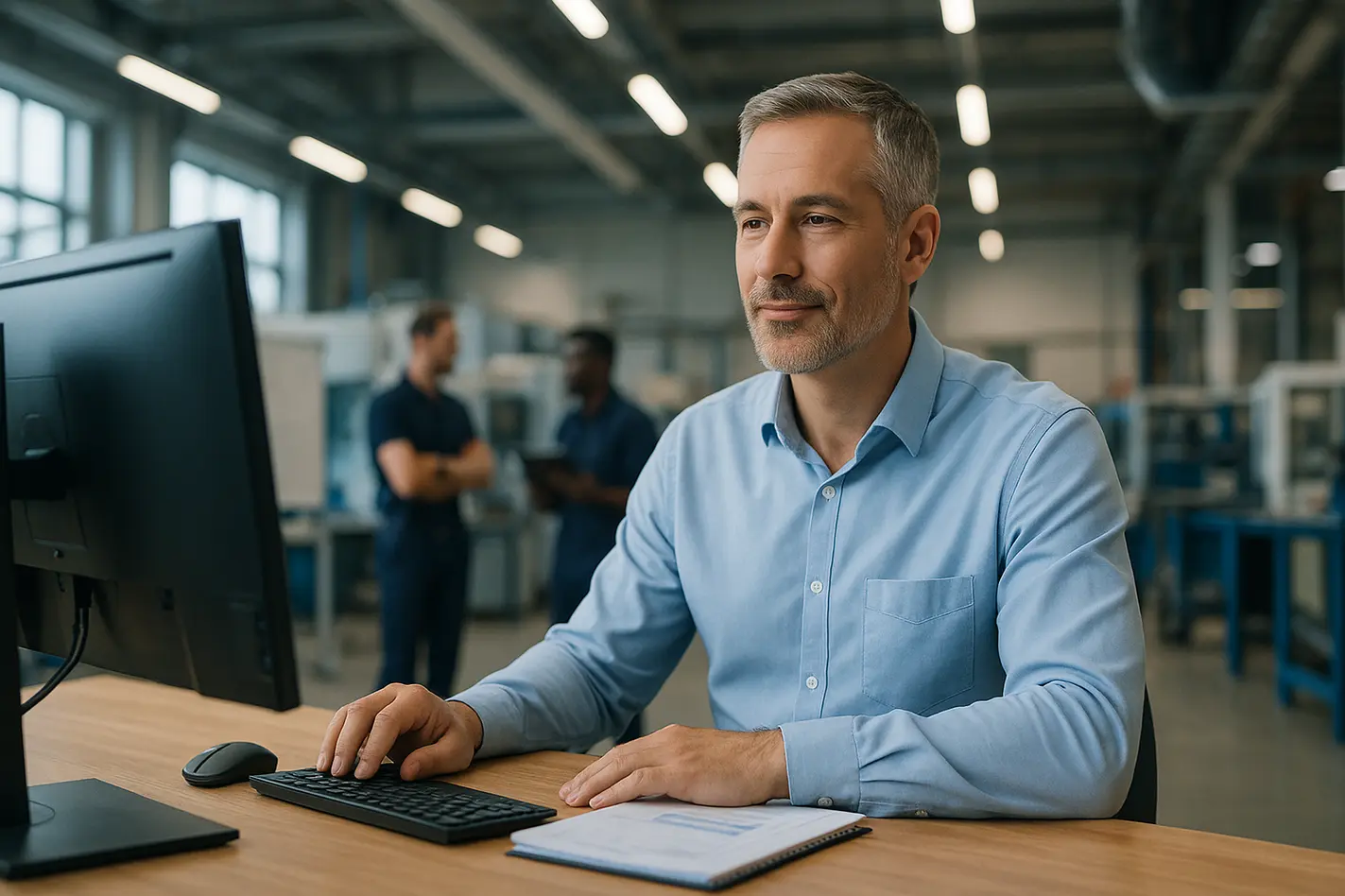 Manager bekijkt planningen op scherm in modern kantoor, uitstraalt vertrouwen en technisch personeel inhuren mindset