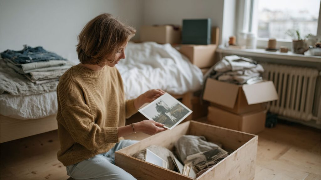 Vrouw bekijkt een oude foto naast een houten kist met spullen tussen verhuisdozen in een slaapkamer