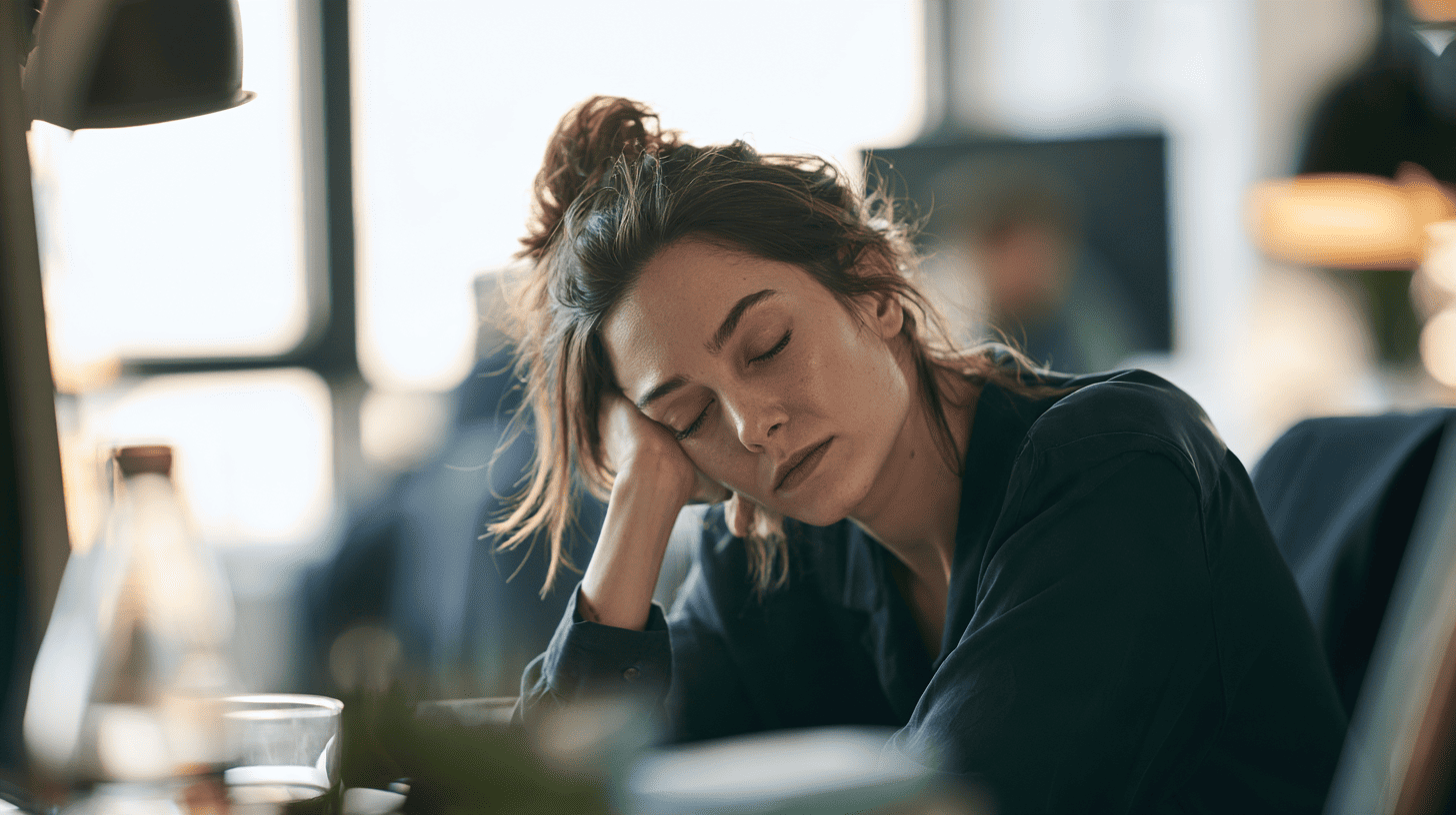 Vermoeide medewerker aan bureau die signalen van weinig energie op het werk herkent
