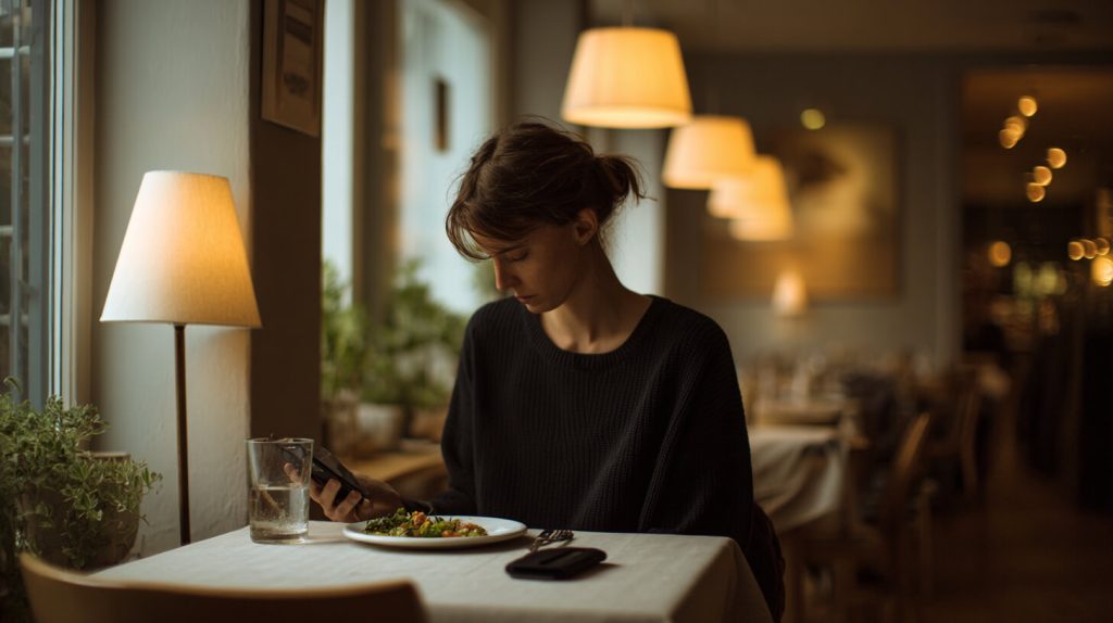 Vrouw kijkt op haar telefoon aan een restauranttafel terwijl haar bord met eten onaangeroerd blijft staan