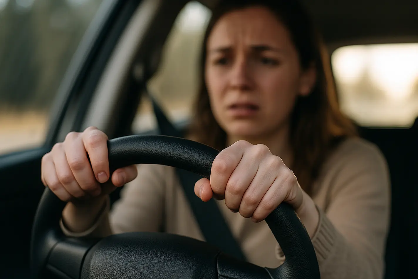 Bevende handen op stuur, faalangst rijexamen zichtbaar in gespannen gezicht