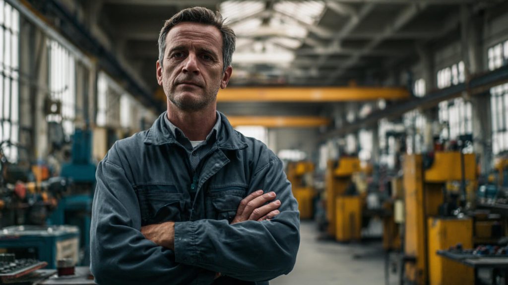 Ervaren technisch monteur staat met gekruiste armen tussen machines in een industriële productiehal