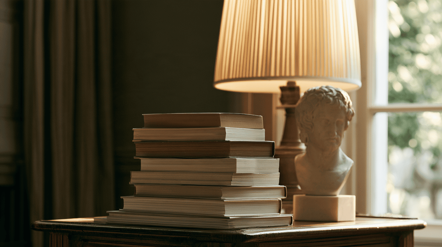 Stapel filosofie boeken op een houten tafel naast een marmeren buste van een Griekse denker