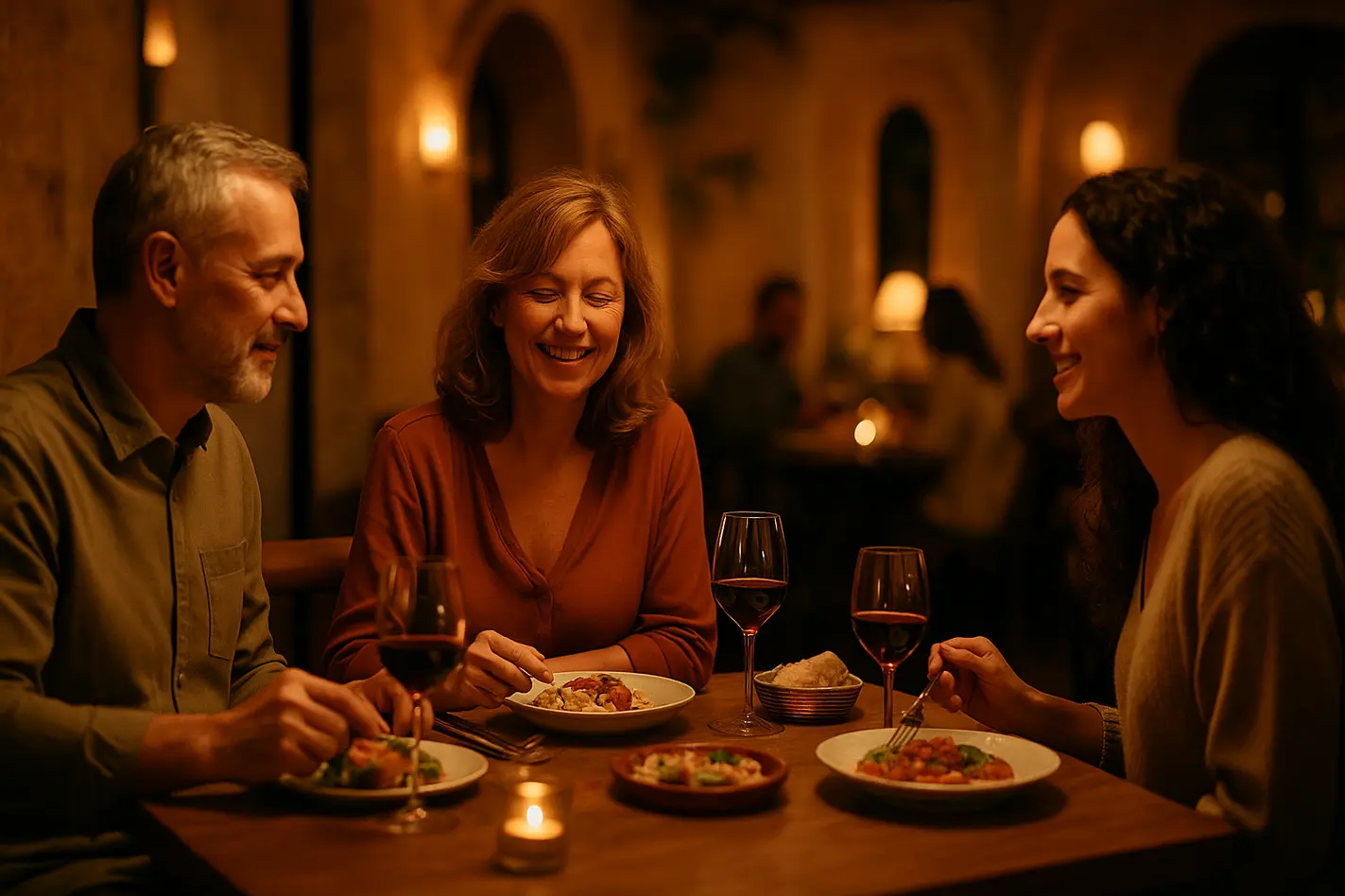 Gezellig Vino Mio restaurant met warm licht en gasten die samen genieten