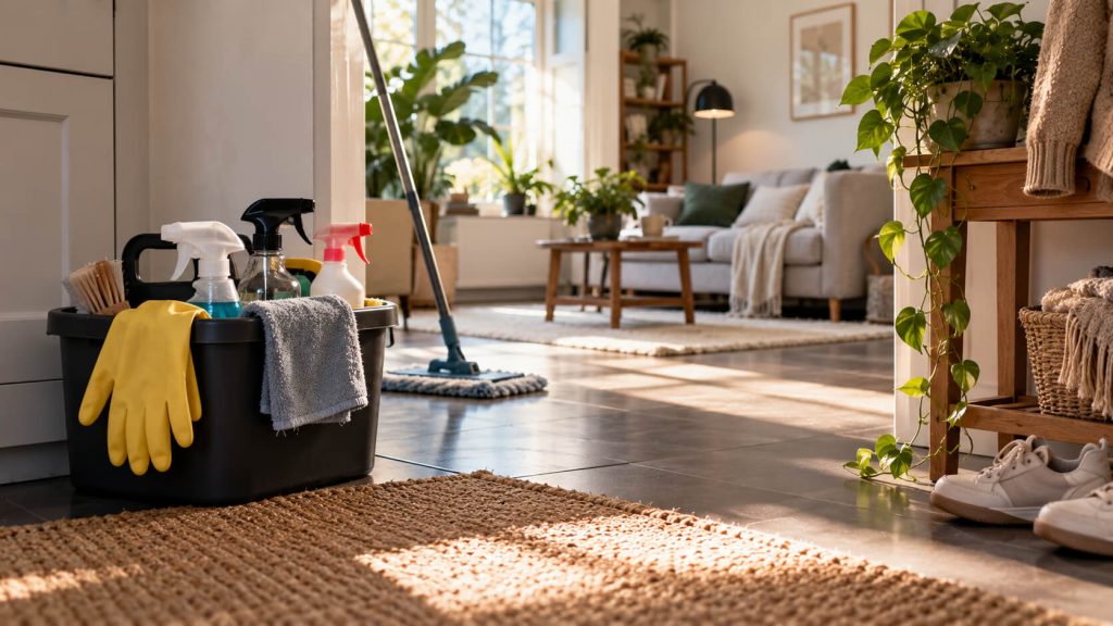 Schoonmaakemmer met sprays, gele handschoenen en doek naast een dweil in een zonnige hal met uitzicht op de woonkamer