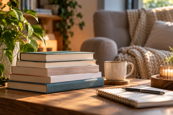 gezellige leeshoek met boeken en kaars