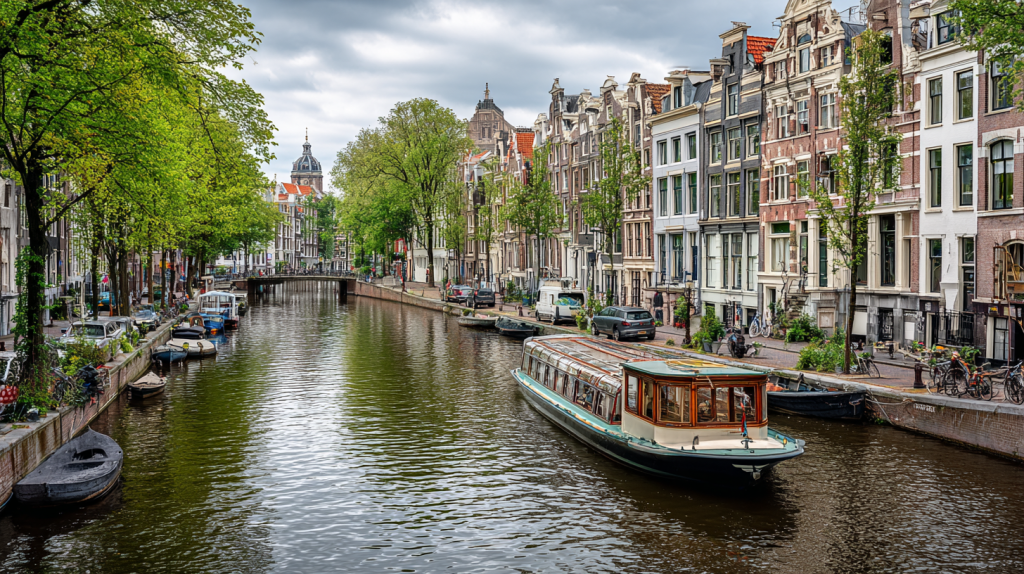 Rondvaartboot afgemeerd langs een Amsterdamse gracht met historische grachtenpanden op de achtergrond