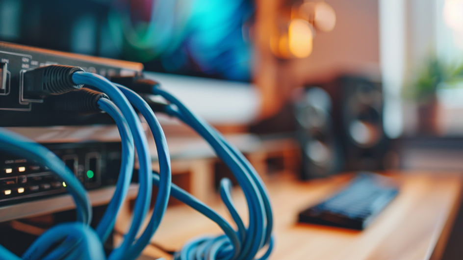 Close-up van blauwe ethernetkabels aangesloten op apparatuur voor netjes kabelmanagement op een bureau