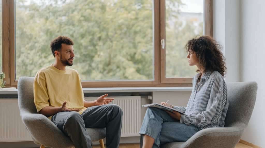 Man en vrouw in gesprek zitten tegenover elkaar op stoelen bij een raam, waarbij de vrouw aantekeningen maakt op een klembord tijdens een begeleidingsgesprek