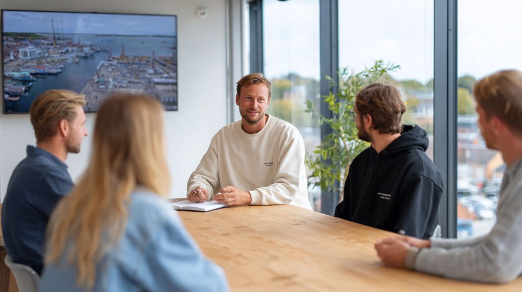 Vier collega's in gesprek rond een houten vergadertafel, met op de achtergrond een scherm met een luchtfoto van een haven