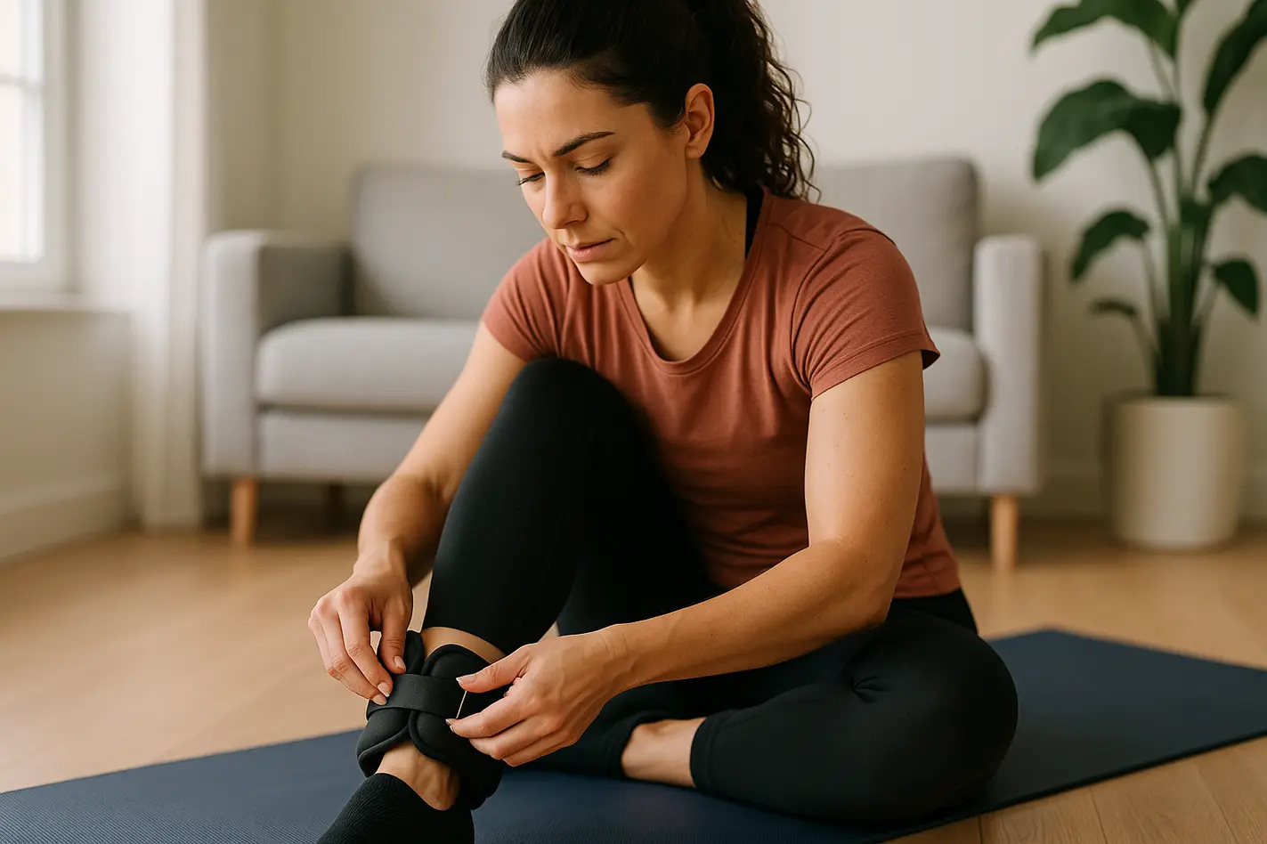 Vrouw bevestigt enkel gewichten training op yogamat thuis