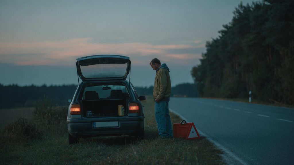 Man staat bij de open achterklep van zijn auto met een gevarendriehoek naast de weg tijdens de schemering
