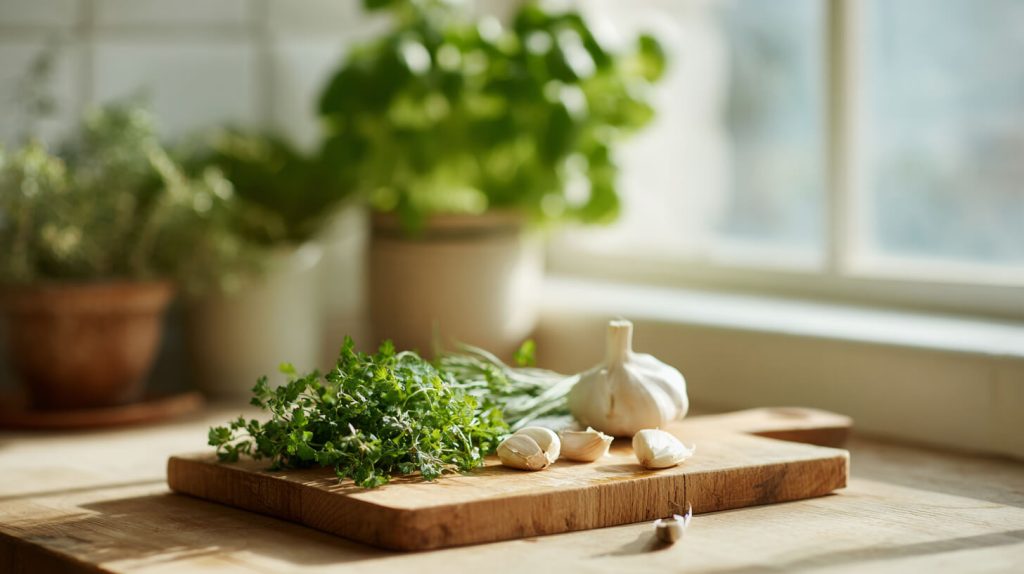 Verse kruiden en knoflookteentjes liggen klaar op een houten snijplank, voorbereid voor de bereiding van een bewuste maaltijd