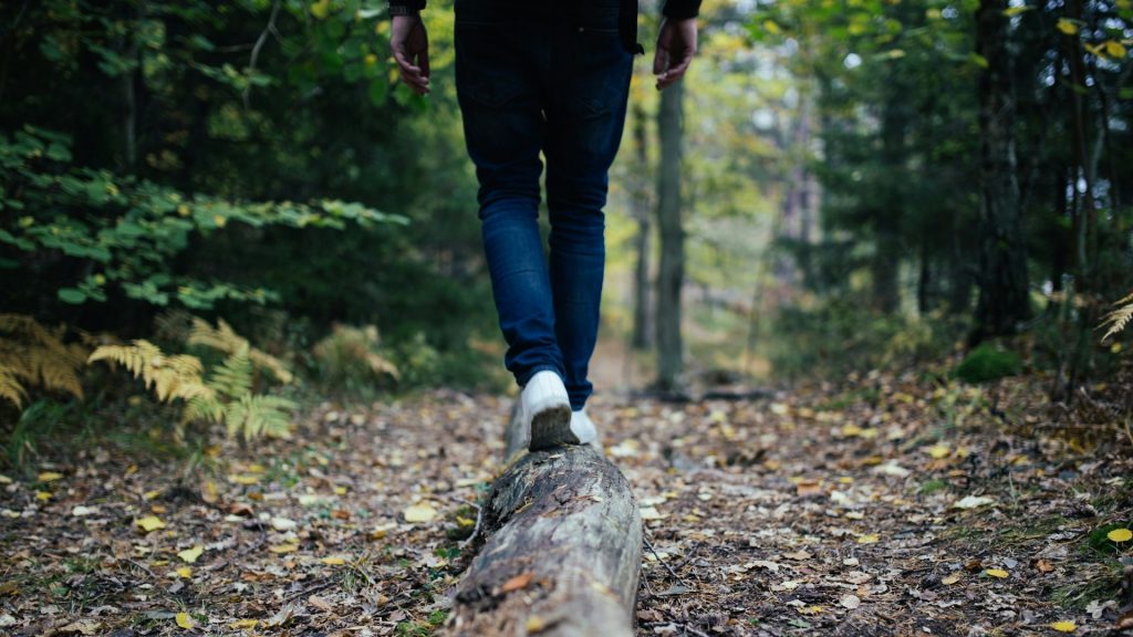 Persoon loopt over boomstam in bos om balans verbeteren en stabiliteit in beweging te oefenen