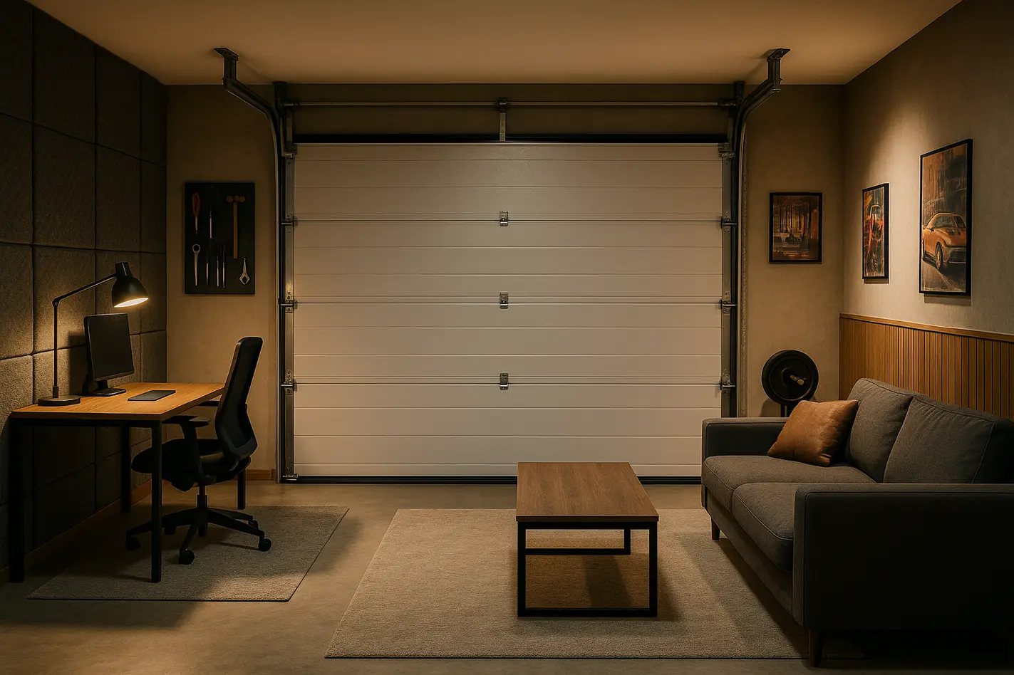 # alt_text Moderne garage omgebouwd tot man cave met gesloten sectionaaldeur, werkplek, zithoek en warm, georganiseerd interieur.