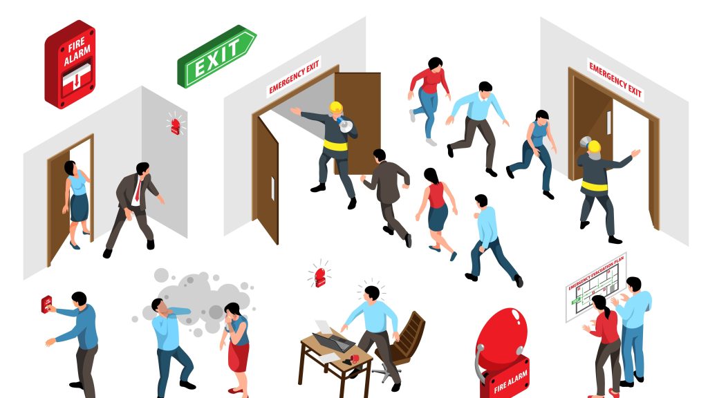 Evacuatie van mensen tijdens brandalarm, paniek zichtbaar in gedragingen en reacties