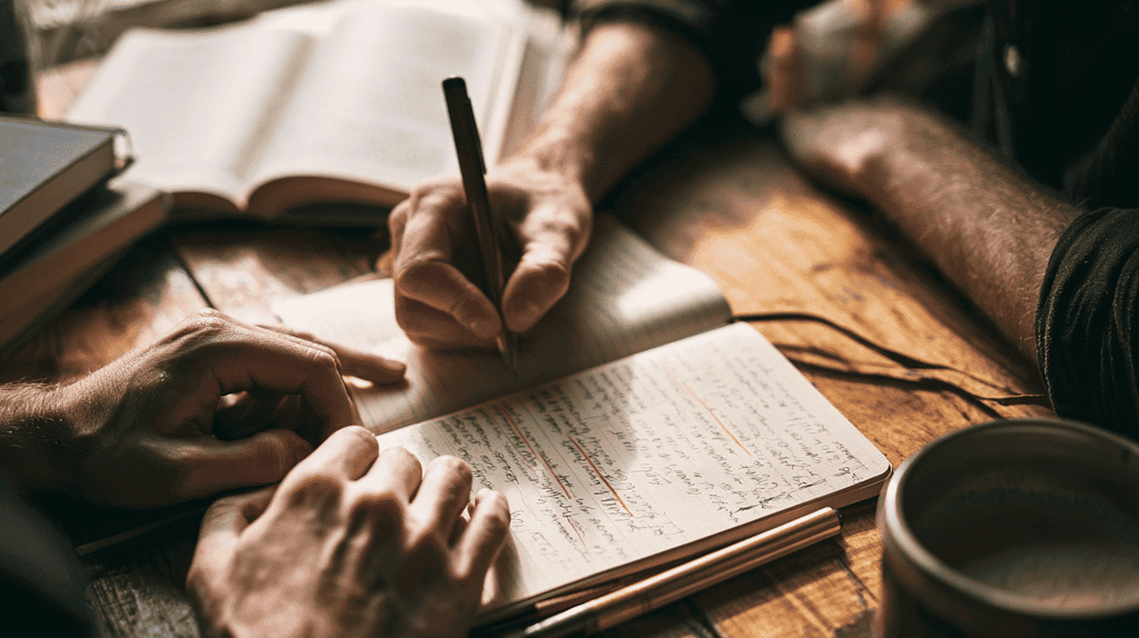 Hand schrijft inzichten uit een boek op in een notitieboekje