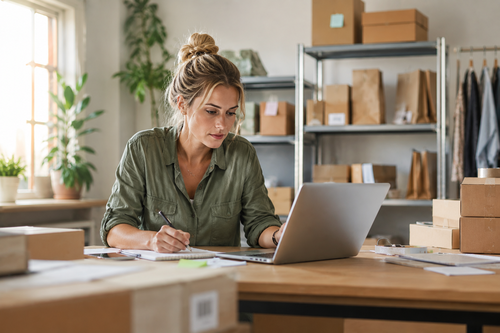Ondernemer verwerkt bestellingen en administratie in kleine webshop met georganiseerde werkruimte