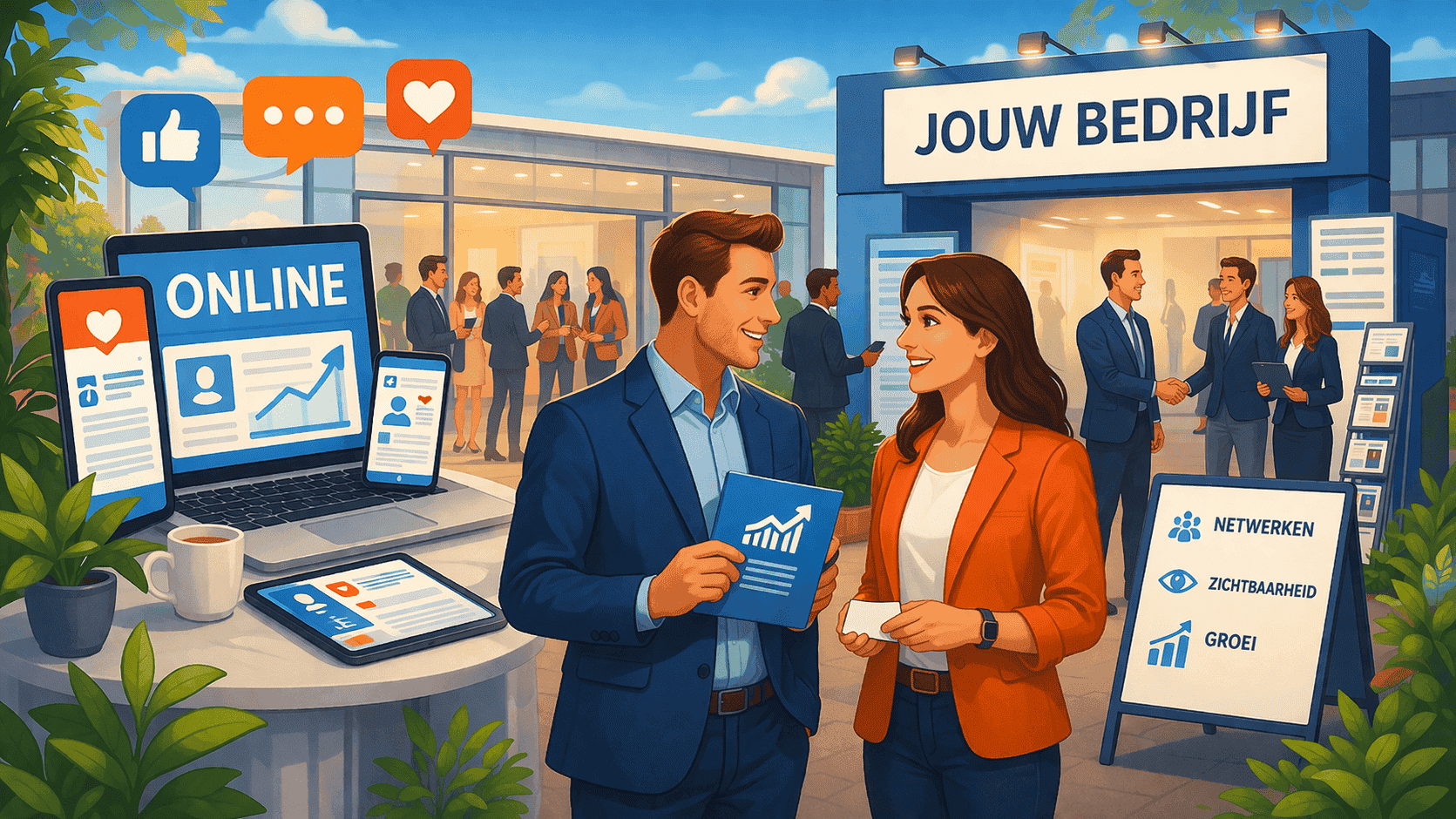 Netwerken en online zichtbaarheid op beursvloer voor zelfstandig ondernemerschap met professionals in gesprek