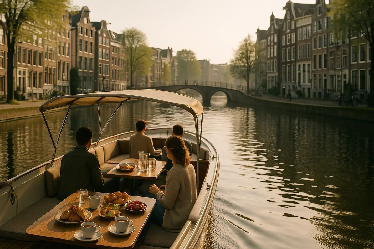 Brunch boat Amsterdam glijdt langs grachten in ochtendlicht