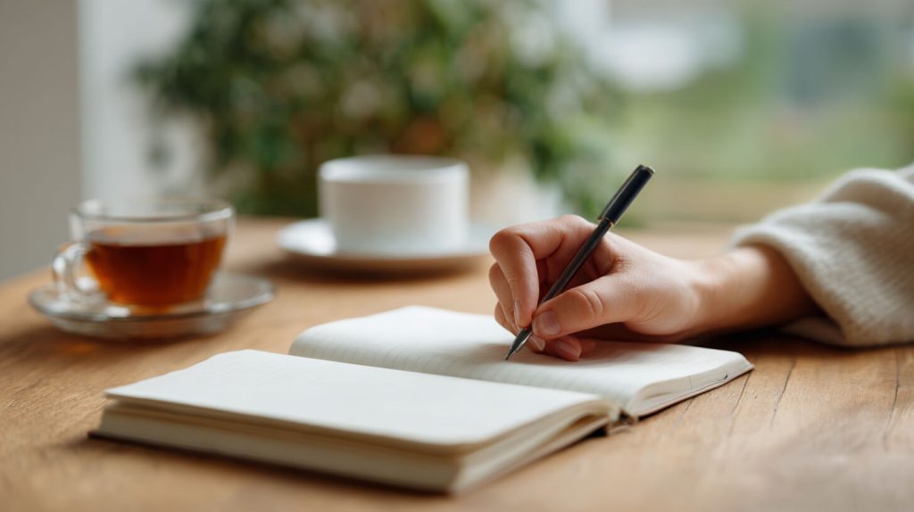 Hand schrijft met pen in een opengeslagen notitieboekje op een houten tafel, met een kopje thee op de achtergrond tijdens het bijhouden van een dagboek