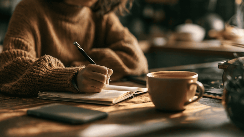 persoon schrijft aan een  tafel in een boekje met een kop thee en telefoon