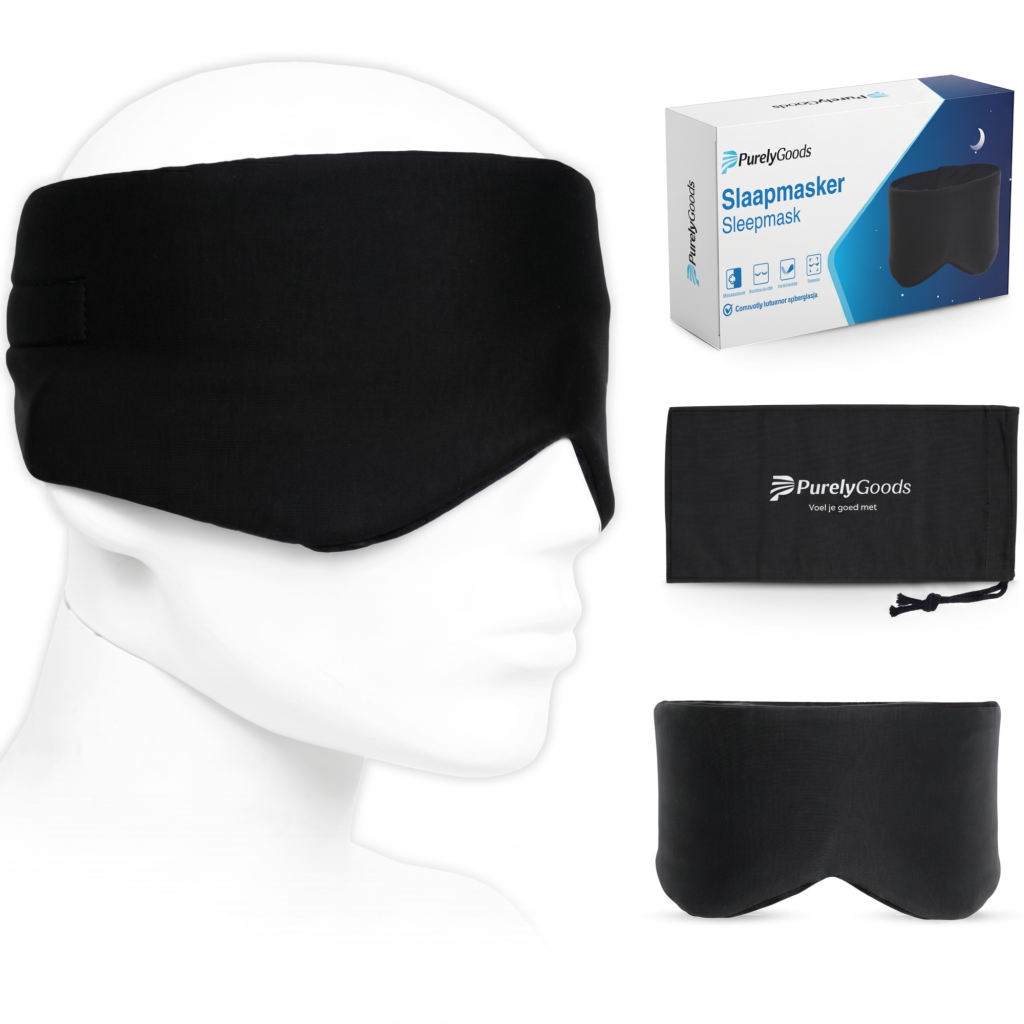 Zwart slaapmasker van PurelyGoods met verstelbare band en opbergzakje voor volledige verduistering