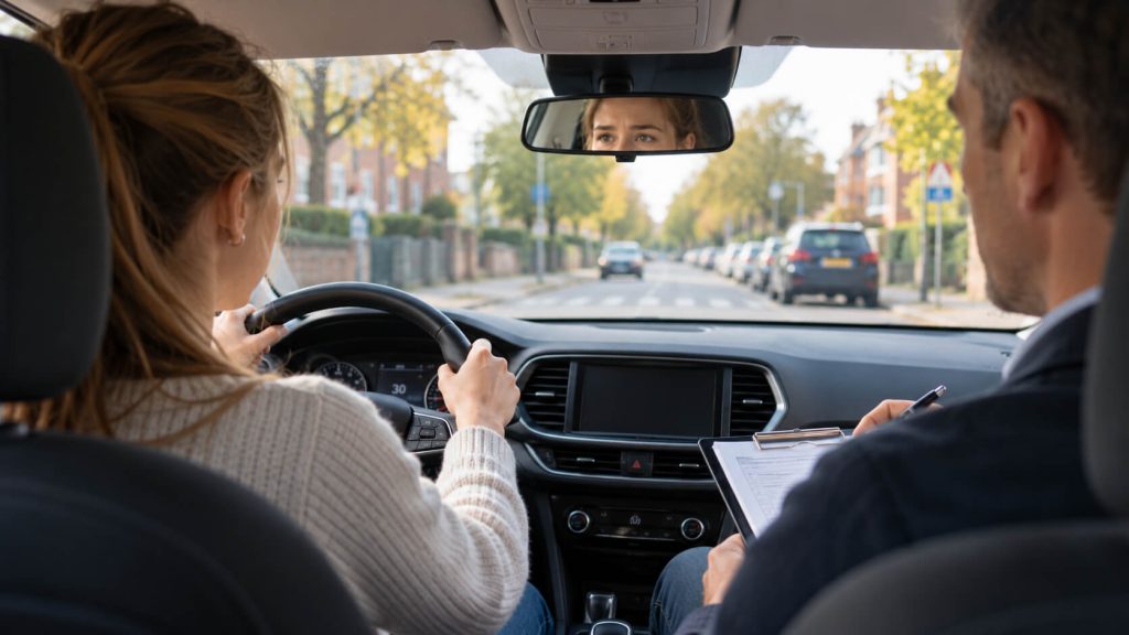 Nerveuze leerling-bestuurder met beide handen aan het stuur tijdens het rijexamen, terwijl de examinator naast haar notities maakt op een klembord