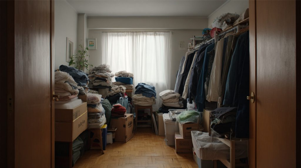 Volle slaapkamer met stapels kleding, dozen en volgehangen kledingrek naast een raam met vitrage