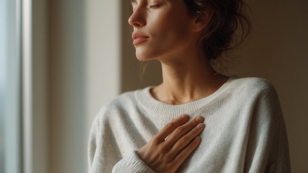 Vrouw legt haar hand op haar borst tijdens een moment van bewuste ademhaling bij het raam