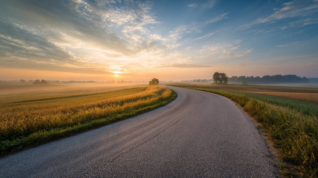 Kronkelende landweg bij zonsopgang die symbool staat voor de groeimindset en persoonlijke ontwikkeling