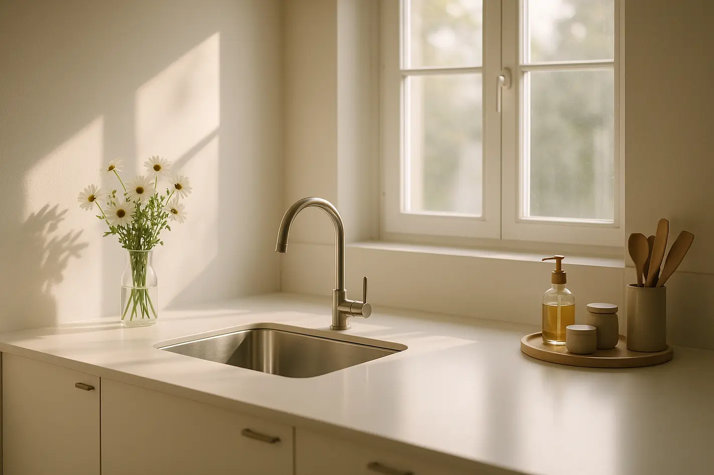 Schoon minimalistisch keukeninterieur met rust in huis door zonlicht