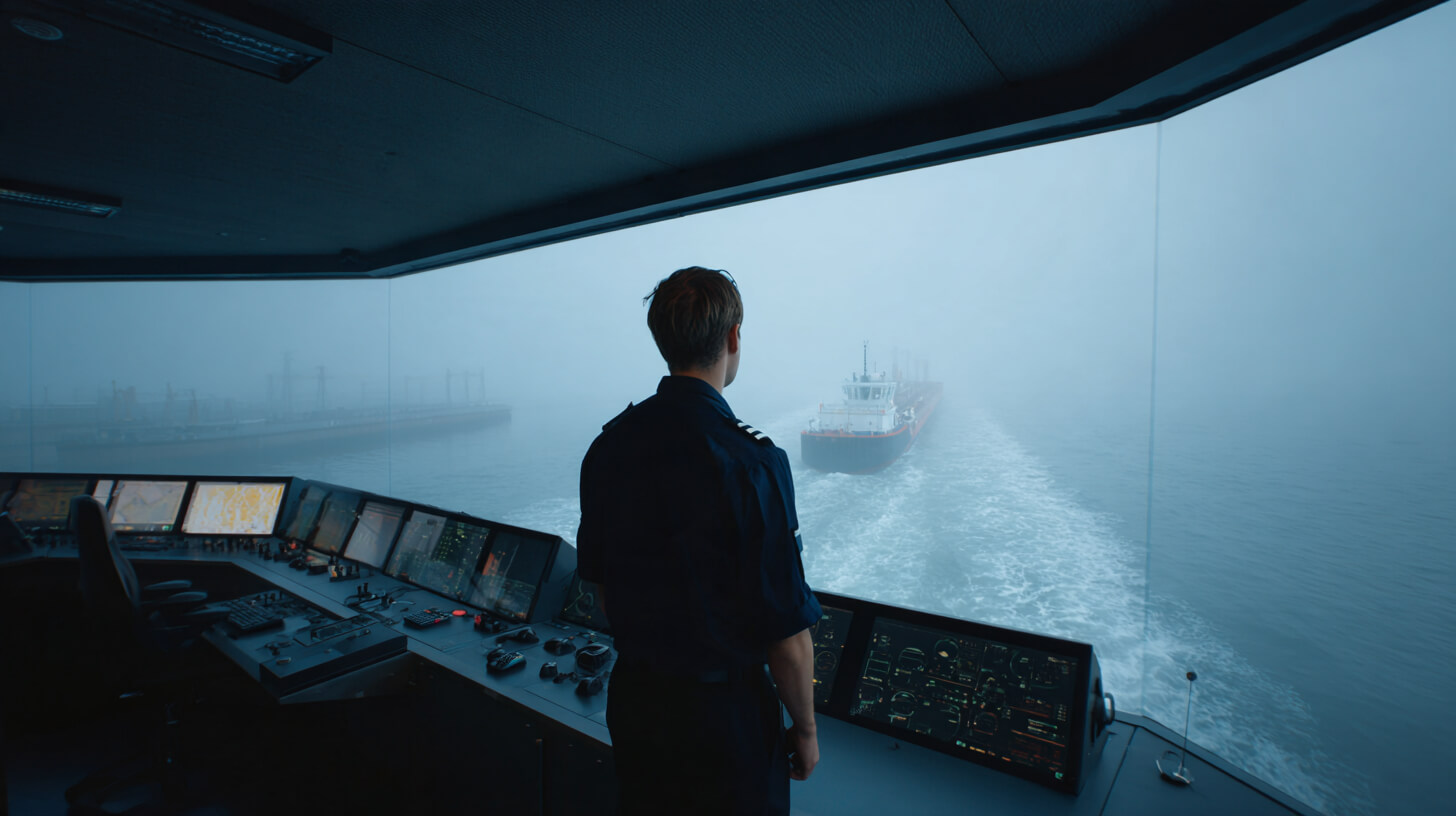 Scheepsofficier in donker uniform kijkt tijdens een simulatietraining vanaf de brug naar een vrachtschip in dichte mist