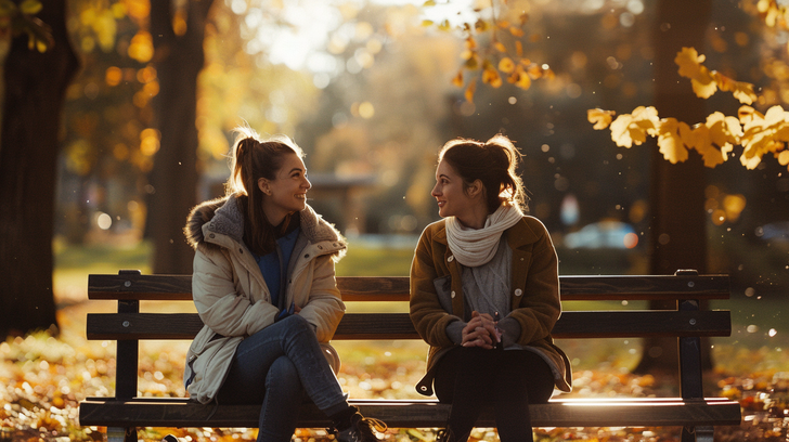Twee vriendinnen hebben een ontspannen gesprek op een bankje in het park.