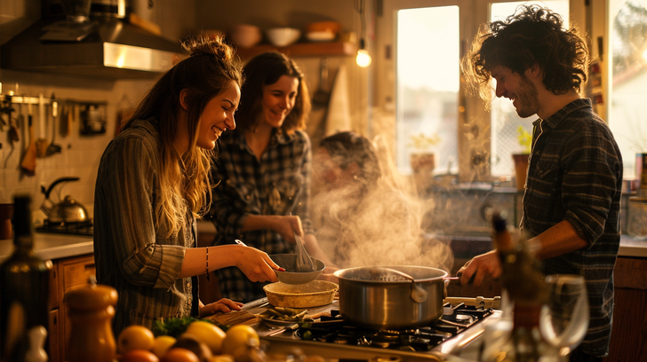 Vrienden ervaren sociale ontspanning tijdens het samen koken in de keuken.